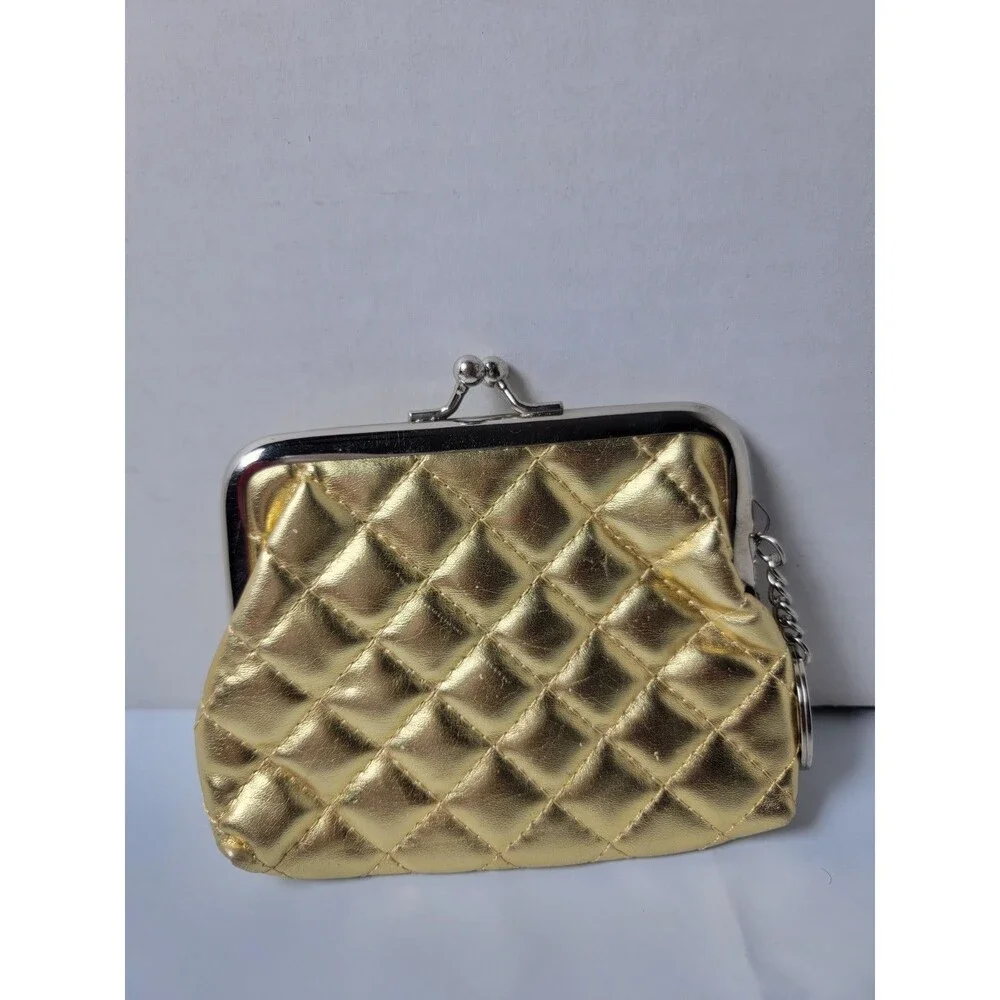 Gold Quilted Kiss Lock Coin Purse Keychain Mini Wallet Metallic Clutch Pouch